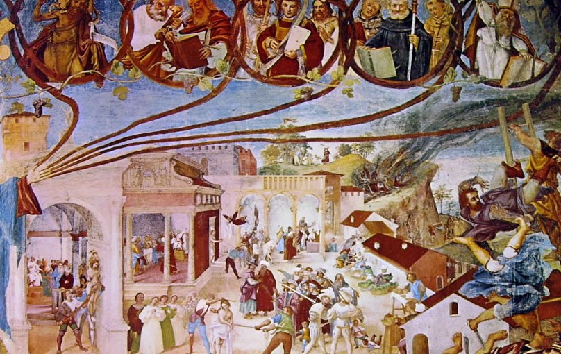 Lorenzo Lotto: Affreschi di Trescore, Oratorio Suardi, Trescore Balneario (Bergamo). Veduta parziale della parete di sinistra.